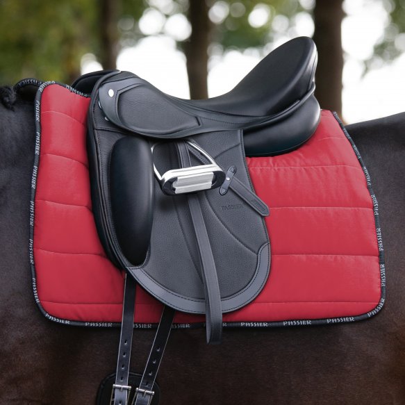 a monoflap dressage saddle grand prix special by passier on a black horse