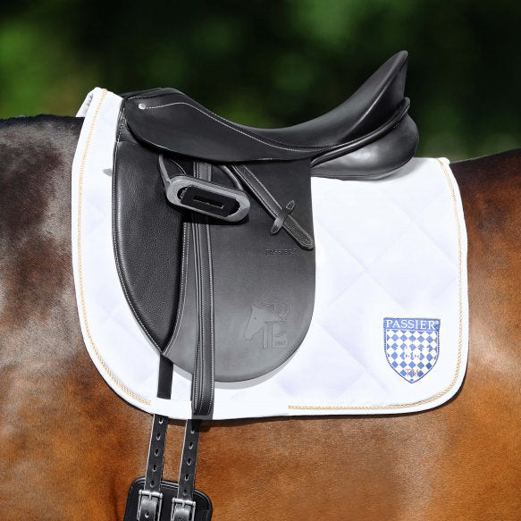 the hubertus schmidt dressage saddle on a bay horse